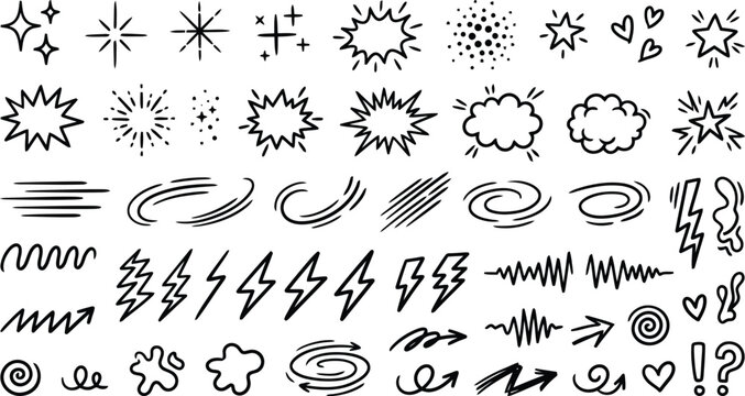 Set of hand drawn doodle comic elements including stars sparkles lightning bolts and motion lines