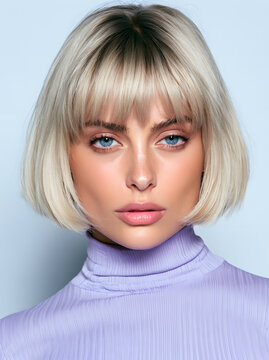 Close-up portrait of a young woman with short blonde bob haircut and bangs, wearing a stylish lavender top. Studio lighting.