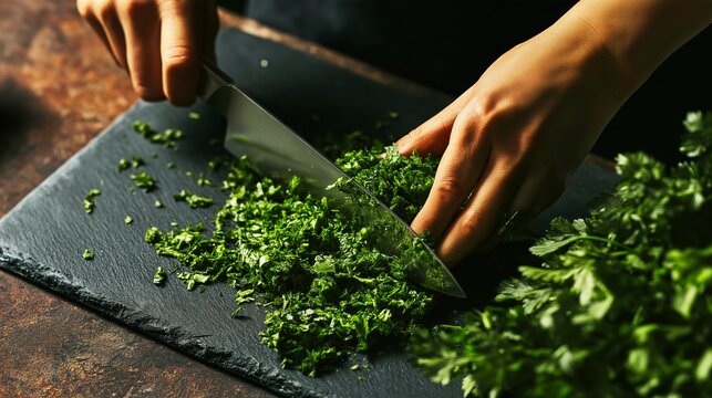 A close-up of a chef&rsquo;s hands finely chopping fresh herbs with a knife on a cutting board