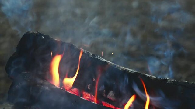 Burning firewood logs with smoking flames close up. Seamless looping macro video of burning firewood logs with smoke and small flames. Ideal background for ASMR and editing.
