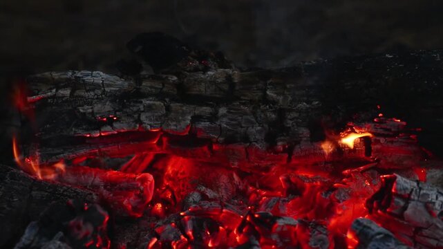 Burning campfire embers with glowing coals and crackling audio close up. Close-up macro video of burning campfire embers and glowing hot coals with natural sound for ASMR and video backgrounds.