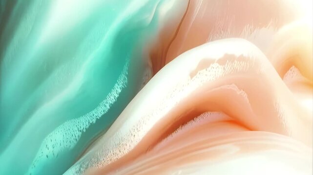 Minimalist 4K animation. Smooth camera movement over an abstract landscape of cream or foam. Delicate turquoise and peach tones. The perfect background for beauty, spas, and relaxation