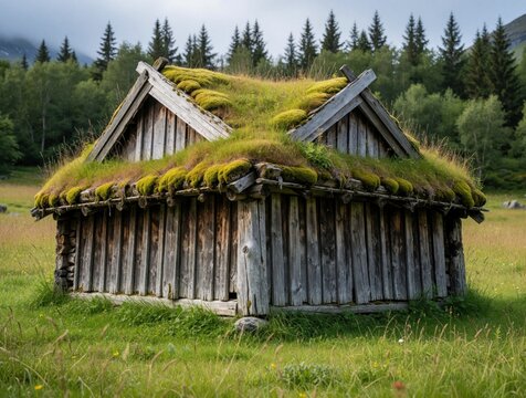 Traditional Norwegian sod roof hut in Vestland landscape. Old wooden cabin with green moss, grass on roof stands in rural meadow. Historic scandinavian farm building nestled near pine forest under