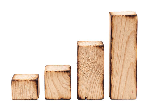 Wooden block growth chart graph showing financial success and business progress with increasing bar steps on isolated black background representing development, statistical profit, and career scale