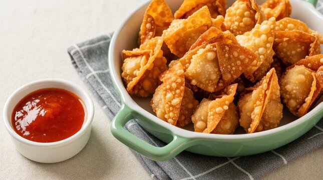 Crispy fried wontons served in green ceramic bowl with spicy red chili sauce. Golden crunchy dumplings with delicious filling make tasty Asian snack. Homemade pangsit goreng appetizer on table with