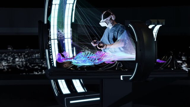 Futuristic doctor in vr headset performing digital surgery simulation with cyber holographic anatomy projection in scifi high tech laboratory medical artificial intelligence concept 3d render loop