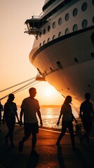 Fototapeta premium Silhouetted people walk on pier near huge cruise ship at sunset. Passengers stroll along dock during golden hour. Travelers enjoy evening walk by ocean at maritime port. Large vessel moored at harbor