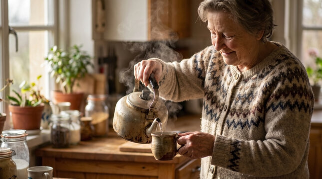 Elderly woman making tea, pouring from classic kettle into mug. Cozy kitchen shows elderly woman making tea, steam visible. Ideal for senior lifestyle, wellness, depicting elderly woman making tea.