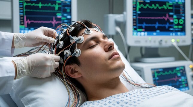 Young man on EEG test in hospital. Doctor attaches electrodes to scalp for brain activity monitoring. Patient lies on bed medical staff uses neurodiagnostic equipment to analyze neural signals, brain