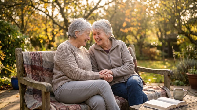 Older lesbian couple sitting on garden bench, holding hands and smiling warmly. Content older lesbian couple includes two senior women enjoying a peaceful moment outdoors.