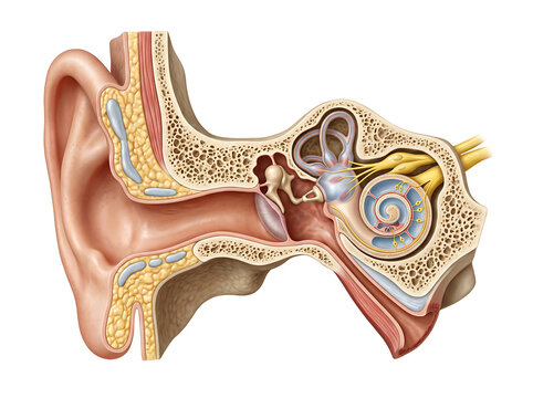 Cross-section illustration of human ear anatomy detailing internal hearing structures and auditory system components