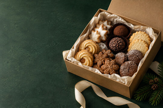 Christmas gift box with handmade cookies and chocolate truffles with copy space
