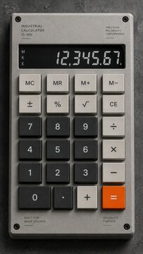 Closeup industrial calculator keypad with orange equals key and LCD showing 12,345.67 digits, black and beige function buttons, visible screws, soft studio lighting on concrete background