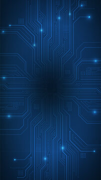 Futuristic digital circuit board vector illustration on dark blue background with glowing light core, vertical format, tech cyber security, smart innovation, microchip data concept