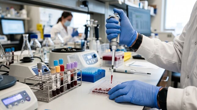 biomedical laboratory scene showing a scientist&rsquo;s gloved hands examining blood samples related to immune response research, specimen tubes, pipette and laboratory equipment on a clean workstation