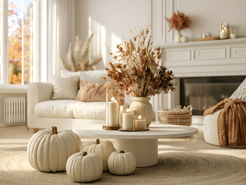 Modern farmhouse living room decorated with elegant autumn harvest decorations, such as pumpkins, candles, dried flowers, a cozy luxury interior, natural light, and a photorealistic scene, with no peo