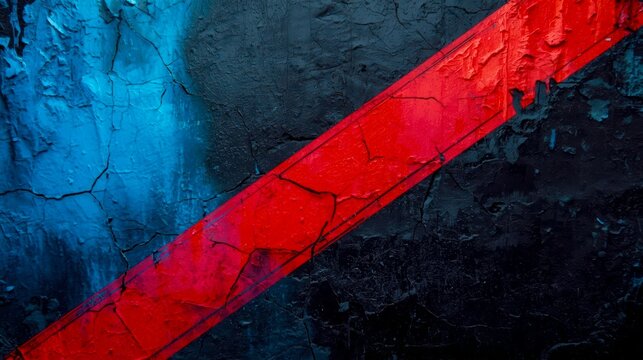 Bold red stripe slashes across cracked, textured surfaces