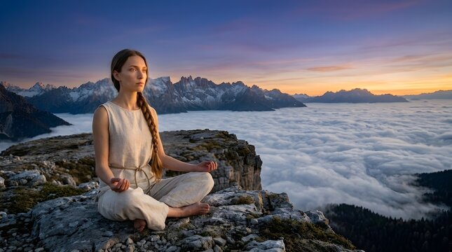 Mujer meditando en postura de loto en la cima de una monta&ntilde;a sobre un mar de nubes al atardecer