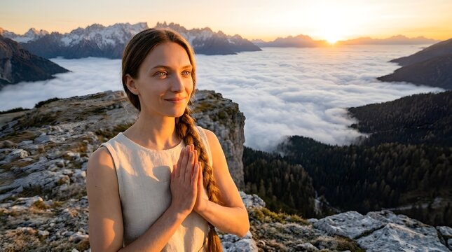 Mujer sonriente haciendo el gesto de namaste en la cima de una monta&ntilde;a sobre un mar de nubes al atardecer