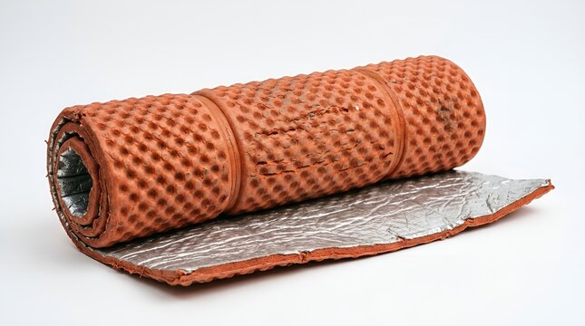Esterilla aislante de camping enrollada con capa t&eacute;rmica de aluminio sobre fondo blanco