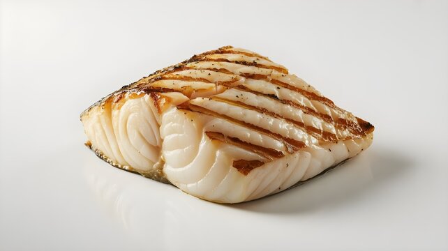 Lomo de pescado blanco a la parrilla sobre fondo blanco aislado