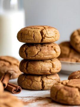 Torre de galletas caseras de canela y jengibre sobre fondo claro con ramas de canela y botella de leche