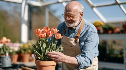 Obraz premium Elderly man with trembling hands carefully arranging tulips in a garden pot during Parkinson awareness day, determination visible on his weathered face, morning light filtering