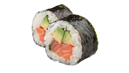 Two pieces of fresh delicious maki sushi rolls with salmon isolated on transparent background © harrington
