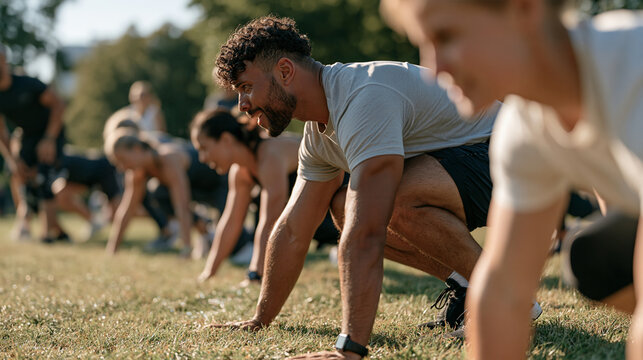 Morning boot camp group doing sprints on a wet grass field at a city park, diverse adult participants, personal trainer leading from the front, high-intensity interval training,