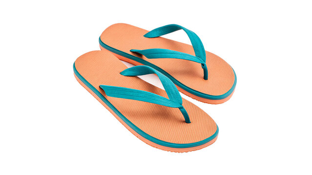 Pair of casual blue and orange summer beach flip flops isolated on transparent background