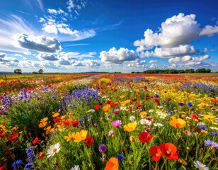 Fototapeta premium A vibrant field of wildflowers blooms under a bright blue sky with fluffy white clouds.