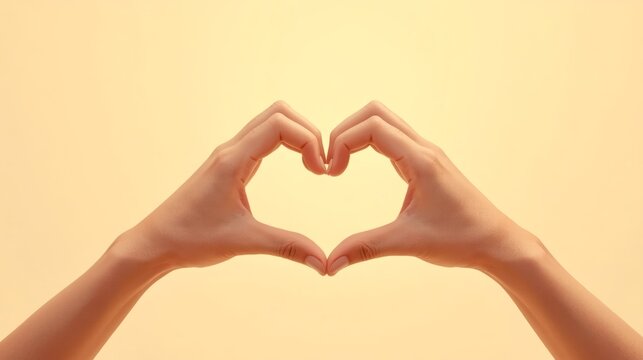 Soft hands form a gentle heart against warm, glowing background