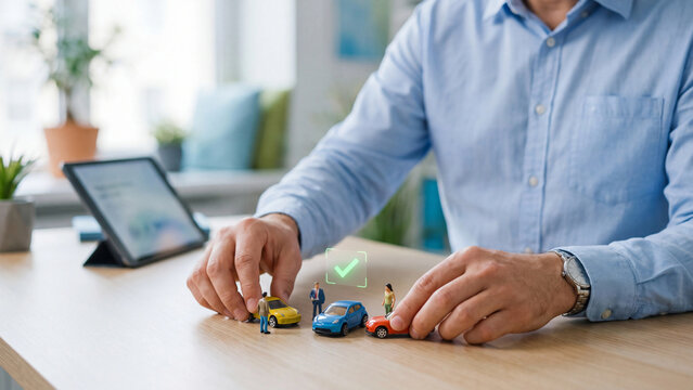Car sharing and vehicle selection concept, person arranging three model cars and toy figurines with a green checkmark above the blue car beside a tablet on a wooden desk in a bright modern office