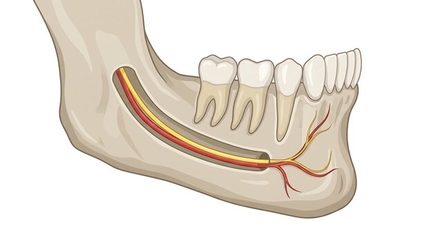 Mental foramen mandible anatomy medical illustration showing human jawbone teeth and nerve pathways