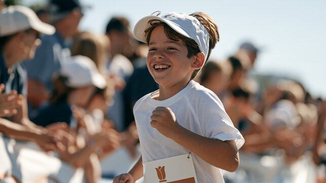 A marathon runner wearing a tulip emblem on their race bib crossing a finish line at a Parkinson charity fundraiser event, crowd cheering, athletic fundraising, movement disorder