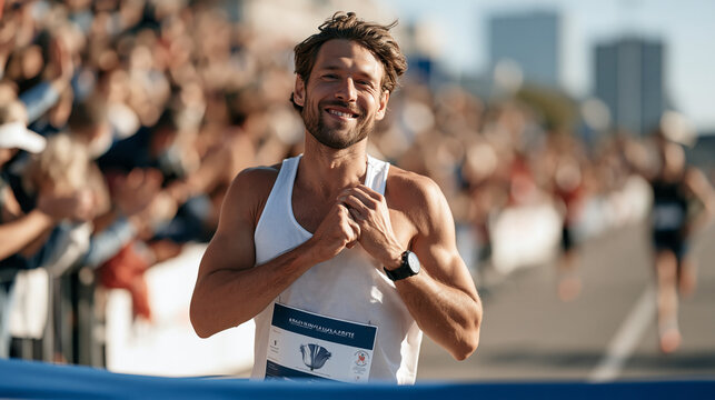 A marathon runner wearing a tulip emblem on their race bib crossing a finish line at a Parkinson charity fundraiser event, crowd cheering, athletic fundraising, movement disorder