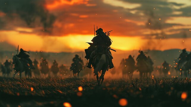 夕焼けの戦場を進む武士と騎馬隊のシルエット