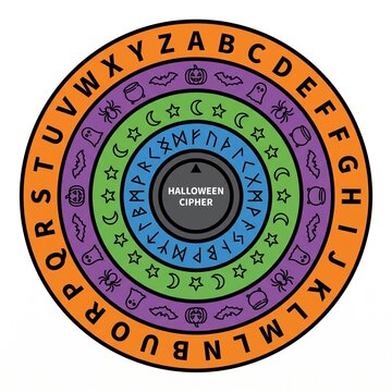 A colorful Halloween cipher wheel featuring concentric rings with letters, spooky symbols, stars, moons, and runes for decoding secret messages.