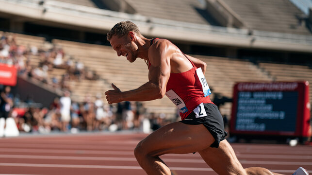 German decathlete finishing 1500-meter event on final lap of multi-day competition, grimacing with exhaustion, stadium track, combined athletic disciplines, stamina and speed,