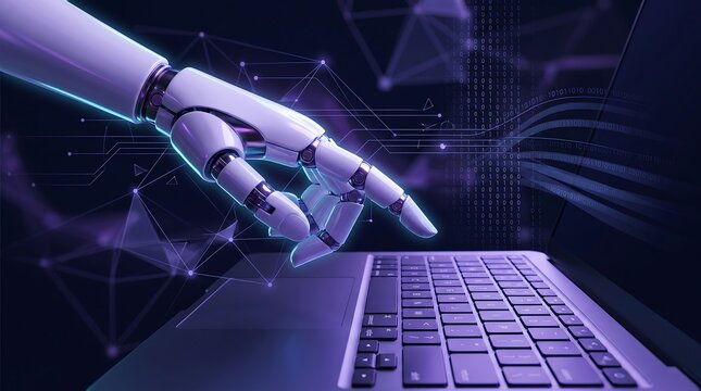 Futuristic robot hand typing on laptop keyboard with purple binary code data stream background for artificial intelligence business analysis and advanced technology development concept