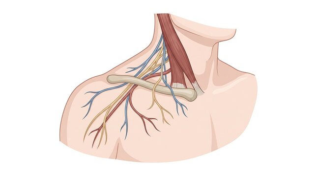 Supraclavicular nerve anatomy illustration showing human shoulder clavicle bone region and cervical plexus branches