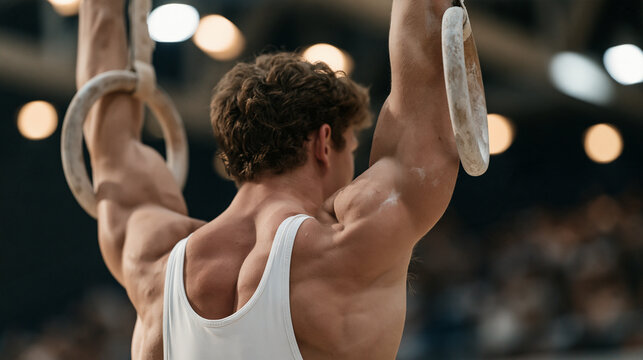 Czech gymnast on still rings holding iron cross position under gymnasium spotlights, muscles trembling visibly, artistic gymnastics competition, strength hold, male gymnastics