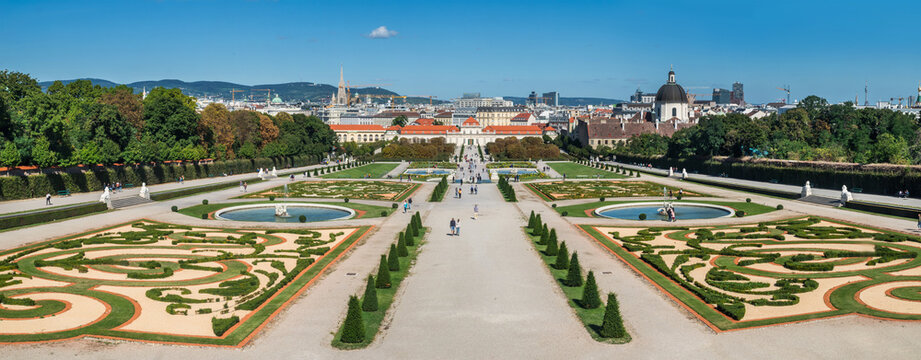 Panoramic view across formal gardens from Upper Belvedere towards Vienna city skyline, Austria. 18.09.2019