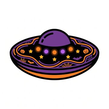 A vibrant Halloween-themed UFO vector illustration decorated with glowing lights, jack-o'-lanterns, spiderwebs, bats, and stars on a white background.