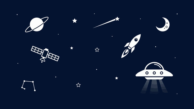 A collection of celestial bodies and spacecraft floats against a dark blue background astronomy cosmos darkblue exploration flat galaxy
