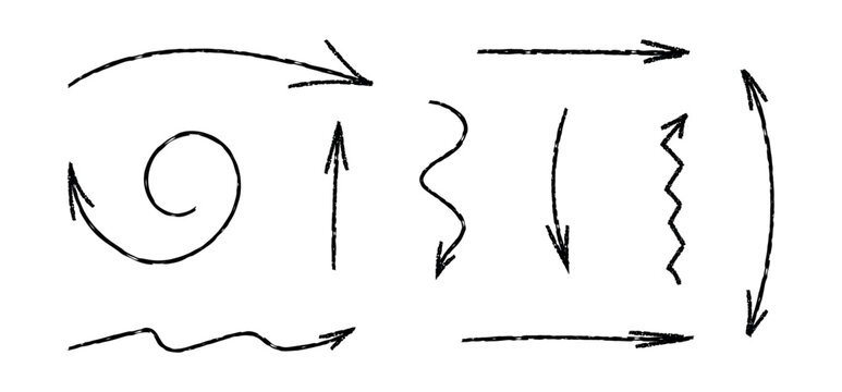 Hand drawn crayon movement arrow collection. Grunge squiggly arrow set. Pencil chalk lines sketch. Black brush scribble element set. Doodle vector illustration.