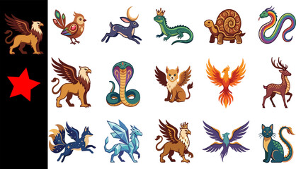 Fototapeta premium Collection of sixteen fantasy creature illustrations featuring griffin rabbit lizard turtle cobra phoenix deer cat designs on white background with black banner and red star
