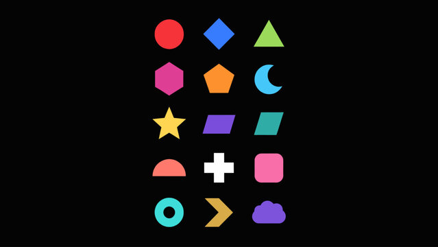 A collection of colorful geometric shapes is displayed on a black background polygon circle square triangle pentagon hexagon star