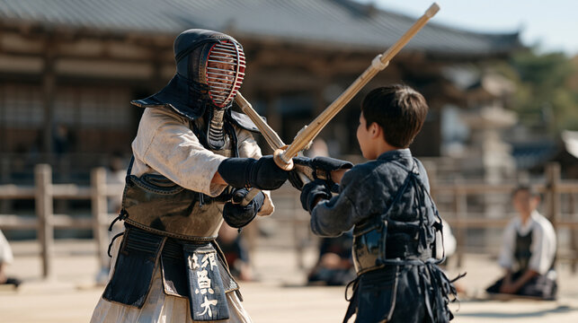 Elderly Japanese kendo master sparring against young student in outdoor dojo, bamboo shinai contact, protective armor worn, traditional martial sport, discipline and competition,