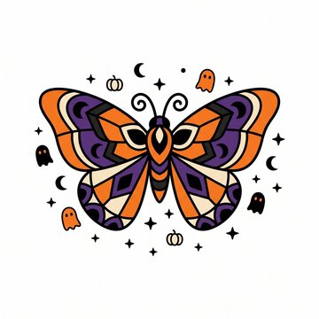 A stylized Halloween moth vector illustration featuring vibrant orange and purple patterned wings surrounded by floating ghosts, pumpkins, stars, and crescent moons.